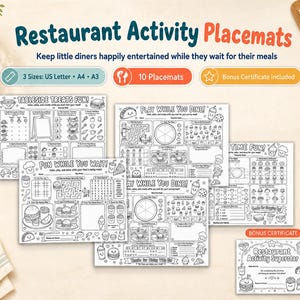 May include: A set of black and white printable restaurant activity placemats featuring games, mazes, and coloring sections. The collection includes ten unique designs, a bonus certificate, and text labels indicating three sizes: US Letter, A4, and A3.