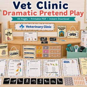 May include: A printable vet clinic dramatic play set featuring 44 pages of paper signs, patient information forms, vet checklists, immunization cards, pet check-up sheets, clinic hours, price lists, and small illustrated animal cards for pretend play.