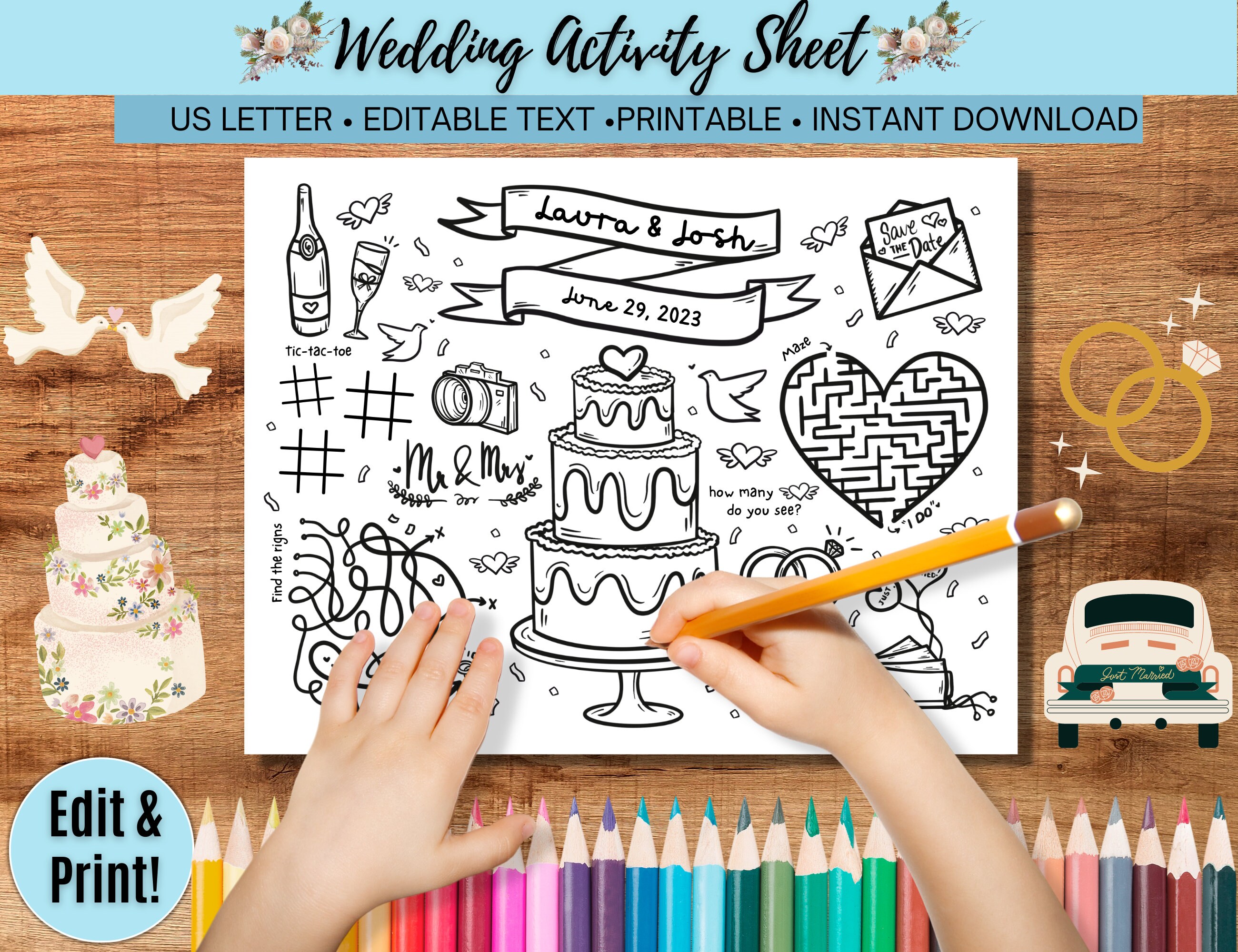CUSTOM Wedding Activity Placemat Coloring Page Crafts - Etsy