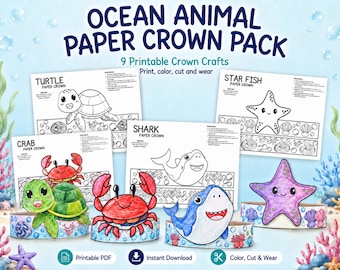 Ocean Animal Paper Crowns, 9 Sea Creature Classroom Crafts, Cut & Paste Coloring Craft (Printable PDF)