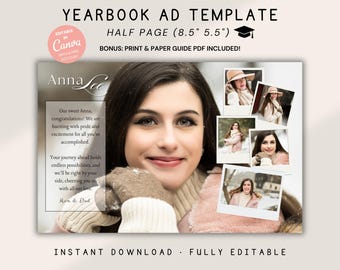 Editable Senior Yearbook Ad Template, Half Page Tribute (8.5x5.5) (PDF File)