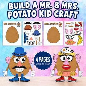 May include: A printable craft set titled BUILD A MR. & MRS. POTATO KID CRAFT featuring four pages of cutouts. The set includes two brown potato-shaped bases and various accessories like hats, eyes, noses, mouths, arms, and shoes to assemble characters.