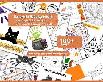 Halloween Preschool & Kindergarten Activity Bundle – Printable Learning Activities, Handprint Crafts, Halloween Worksheets (PDF Download)