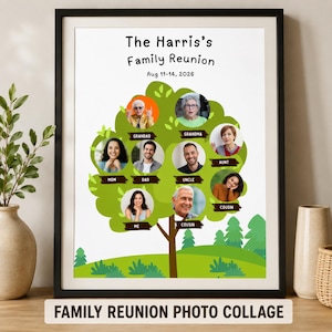 May include: A framed family reunion photo collage featuring a tree design with family member photos. The text at the top reads "The Harris's Family Reunion" and the date "Aug 11-14, 2026". The bottom of the frame reads "FAMILY REUNION PHOTO COLLAGE".