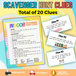 Indoor Scavenger Hunt for Kids, Printable Indoor Birthday Treasure Hunt, School Activities, Toddler Preschool Party Game, Riddle Clue Cards
