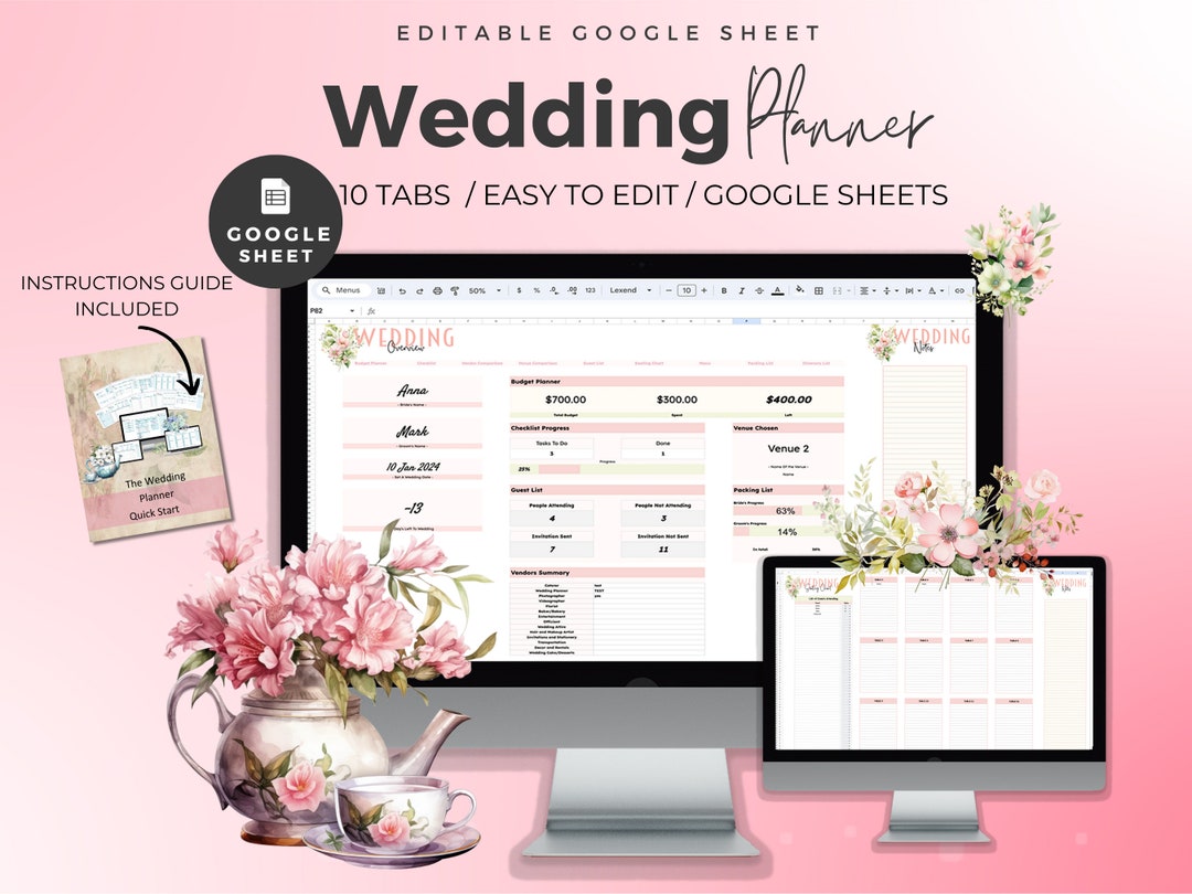 Wedding Digital Planner Google Sheets, Wedding Template Spreadsheet
