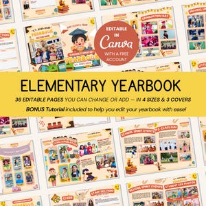 Könnte beinhalten: Ein digitales Template für ein Grundschul-Jahrbuch, mit einem gelben Banner mit dem Text "ELEMENTARY YEARBOOK". Das Design hebt editierbare Seiten, Größen und Cover hervor. Enthält ein Canva-Logo.