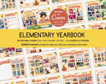 Plantilla para anuario de primaria, libro de recuerdos escolares editable en Canva, recuerdo de fin de año escolar (36 páginas)