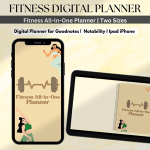 May include: A digital fitness planner for Goodnotes, Notability, iPad, and iPhone. The planner features a brown dumbbell with a heart rate graphic and the text "Fitness All-in-One Planner".