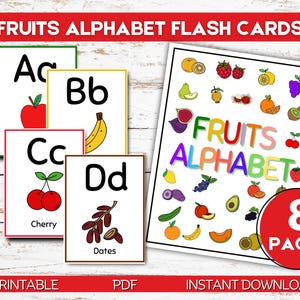 Cartes-éclair de l'alphabet à imprimer, Cartes-éclair avec lettres de A à Z, Alphabet de fruits, Cartes-éclair éducatives pour enfants d'âge préscolaire, Apprentissage de l'alphabet