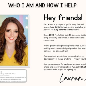 Puede incluir: La imagen muestra a una mujer con cabello casta&ntilde;o rojizo y una blusa amarilla, enmarcada en blanco. El texto dice "Hey friends!" y describe plantillas digitales y manualidades imprimibles. Tambi&eacute;n hay una oferta del 50% de descuento.