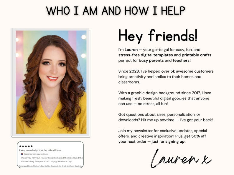 Puede incluir: La imagen muestra a una mujer con cabello casta&ntilde;o rojizo y una blusa amarilla, enmarcada en blanco. El texto dice "Hey friends!" y describe plantillas digitales y manualidades imprimibles. Tambi&eacute;n hay una oferta del 50% de descuento.