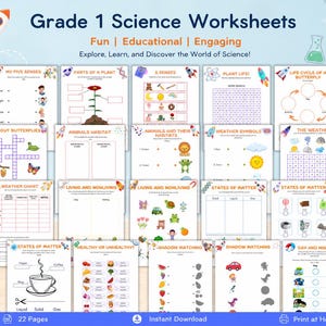 May include: A collection of 22 Grade 1 Science worksheets featuring educational activities like word searches, matching games, and diagrams. Topics include five senses, plant life, animal habitats, weather, states of matter, and healthy habits.