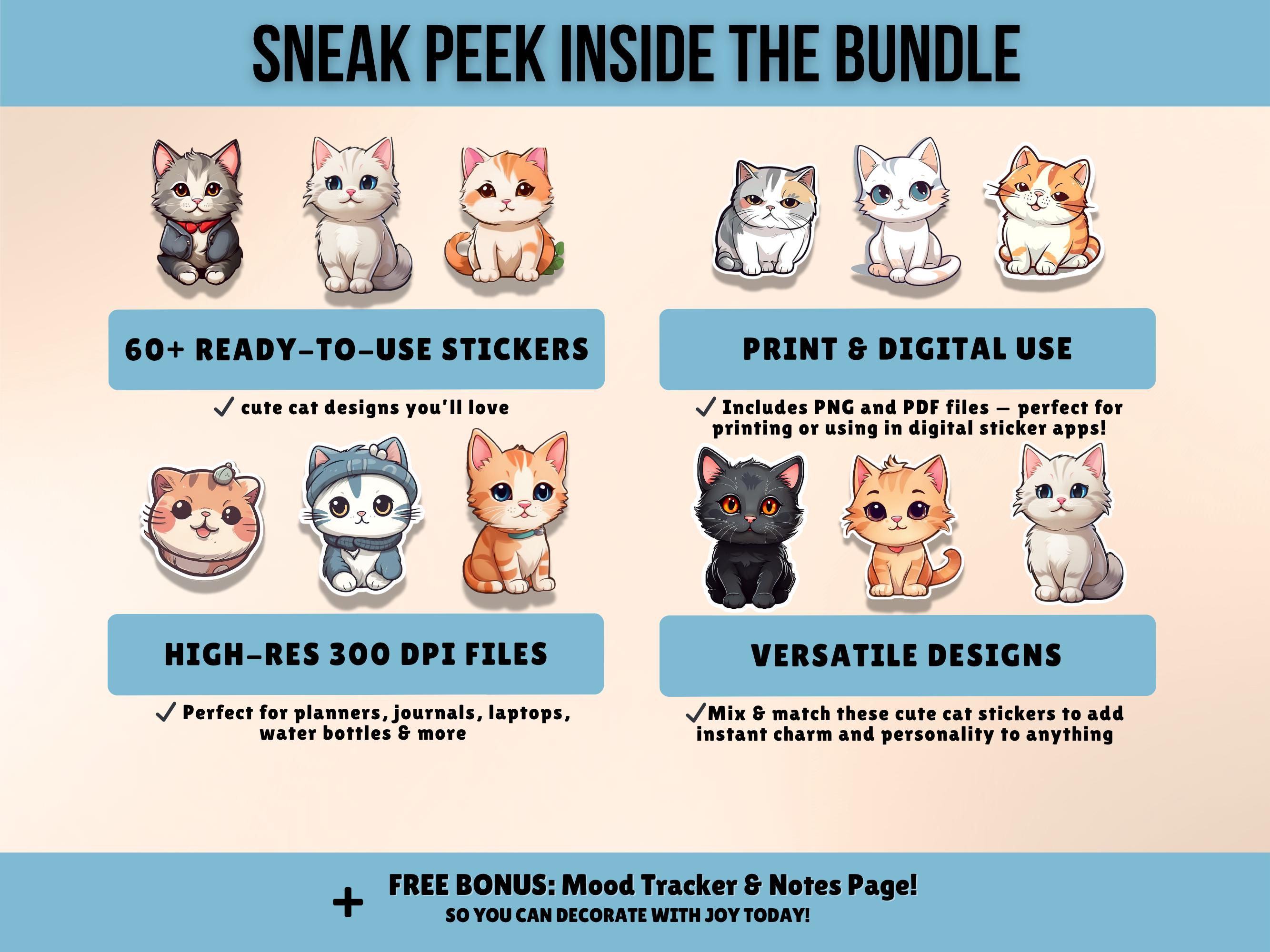 Cute Cat Digital Stickers Bundle - Kawaii Cat Printable Stickers, Kitty ...