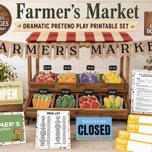 Farmers Market Pretend Play Set, Preschool Produce Stand Printable, Dramatic Play Center, Vegetable Stand Sign, Kids Role Play