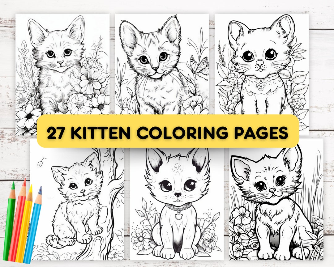 Kitten Coloring Pages, Printable Kitten Coloring Book, Cute Kitten