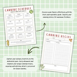 K&ouml;nnte beinhalten: Eine druckbare Konserven-Planungsvorlage und ein Rezept-Template. Der Plan ist ein Raster mit den Monaten des Jahres und einer Liste von Obst und Gem&uuml;se, das eingemacht werden kann. Das Rezept-Template hat Abschnitte f&uuml;r die Gr&ouml;&szlig; e des Glases, die Zutaten, die Anweisungen und Notizen.