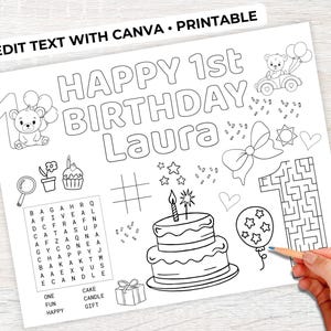 Puede incluir: P&aacute;gina para colorear de cumplea&ntilde;os imprimible en blanco y negro con el texto "HAPPY 1st BIRTHDAY Laura". Incluye ilustraciones de una tarta, globos, un oso de peluche y un laberinto. El texto "EDIT TEXT WITH CANVA &bull; PRINTABLE" est&aacute; en la parte superior.
