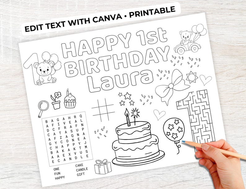 Puede incluir: P&aacute;gina para colorear de cumplea&ntilde;os imprimible en blanco y negro con el texto "HAPPY 1st BIRTHDAY Laura". Incluye ilustraciones de una tarta, globos, un oso de peluche y un laberinto. El texto "EDIT TEXT WITH CANVA &bull; PRINTABLE" est&aacute; en la parte superior.