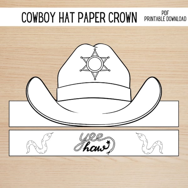 Cowboy Hat Paper Crown, Coloring Craft for Kids, Cowgirl & Cowboy Activity Wild West Costume Birthday Printable Favor Costume DIY Kids Craft