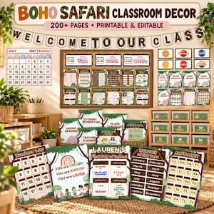 Boho Safari klassrumsdekorpaket, redigerbart djungeltema (digital nedladdning)