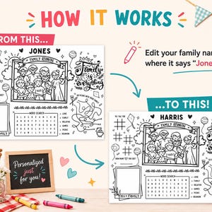 May include: A printable activity sheet featuring a black and white line art design with a family portrait frame, a word search, a maze, and tic-tac-toe. The text reads "HOW IT WORKS", "FROM THIS", "JONES", "FAMILY REUNION", "Family is everything", "TO THIS", and "HARRIS".
