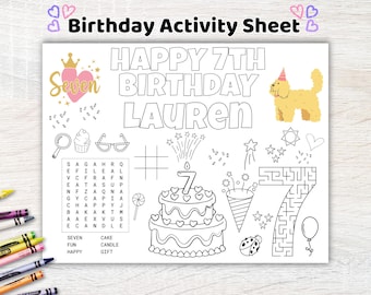 Puede incluir: Una hoja de actividades de cumpleaños blanca con el texto HAPPY 7TH BIRTHDAY LAUREN, una sopa de letras, un laberinto con forma de siete, un pastel de dos pisos con una vela de siete, un perro con gorro de fiesta y varios iconos festivos.