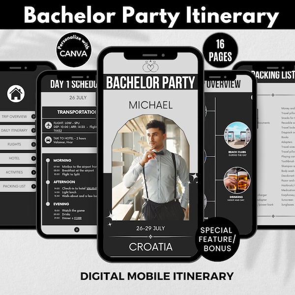 Bachelor Party Itinerary Template, Stag Do Planner Custom Editable Itinerary Packing List Personalizable Groom Party Plan Gift MOBILE TABLET