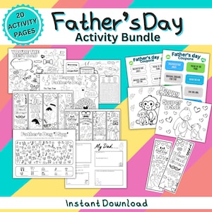 父の日アクティビティセット、お父さんの塗り絵、子供向けアクティビティプレースマット、父の日クーポン、お父さんの工作アクティビティ、印刷可能なお父さんのブックマーク