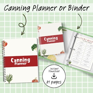 K&ouml;nnte beinhalten: Druckbarer Einmachplaner oder -ordner mit 81 Seiten. Der Umschlag zeigt eine Aquarell-Illustration von Gem&uuml;se und Obst mit dem Text "Canning Planner" in Rot.