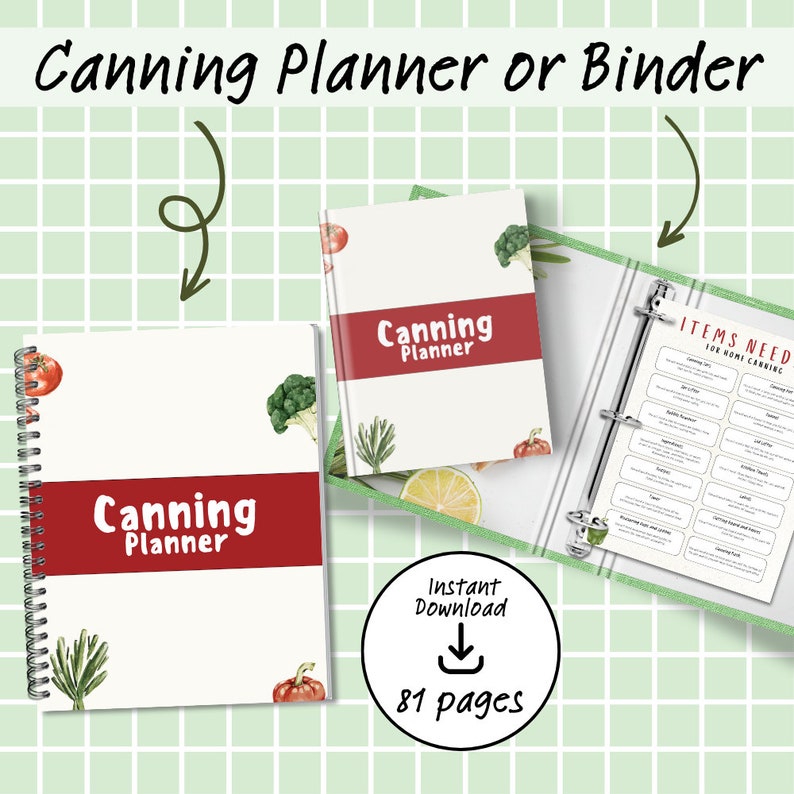 K&ouml;nnte beinhalten: Druckbarer Einmachplaner oder -ordner mit 81 Seiten. Der Umschlag zeigt eine Aquarell-Illustration von Gem&uuml;se und Obst mit dem Text "Canning Planner" in Rot.