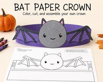May include: A DIY bat paper crown craft kit featuring a purple headband with a gray bat cutout. The kit includes a printed instruction sheet with a black and white outline of the bat design for coloring, cutting, and assembling the paper crown.