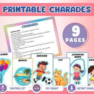 Jogo de charadas para crianças, jogo de charadas para sala de aula, cartas de ação, jogos escolares para imprimir, jogos de interior, jogo educativo, atividade de dramatização