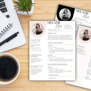 May include: A professional resume template set featuring a clean white layout with black text, a circular photo placeholder, and soft pink accents. The document includes sections for education, work experience, and contact details for Melanie Hart.