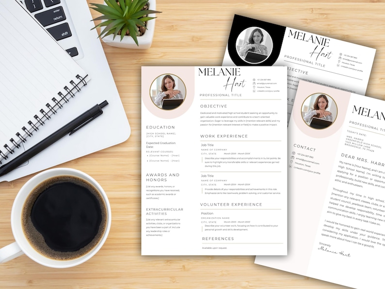 May include: A professional resume template set featuring a clean white layout with black text, a circular photo placeholder, and soft pink accents. The document includes sections for education, work experience, and contact details for Melanie Hart.
