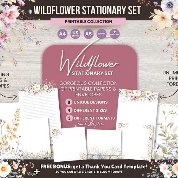 Papelería imprimible con flores silvestres, sobres y hojas florales (A4, A5, tamaño carta, cuadrado, rayado y en blanco, PDF, PNG y JPG)
