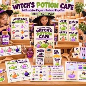 May include: A printable Witch's Potion Cafe pretend play set featuring menus, signs, and labels with potion illustrations. Includes a cash register, price cards, and rule sheets with purple and green text. The set displays various potion names like Moonbeam Potion and Unicorn Fizz.