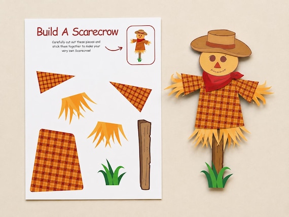 Build a Scarecrow Craft for Kids, Fall Kids Activity, Autumn Toddler Craft, Thanksgiving Printable, Fall Project, Fall Learning Worksheets