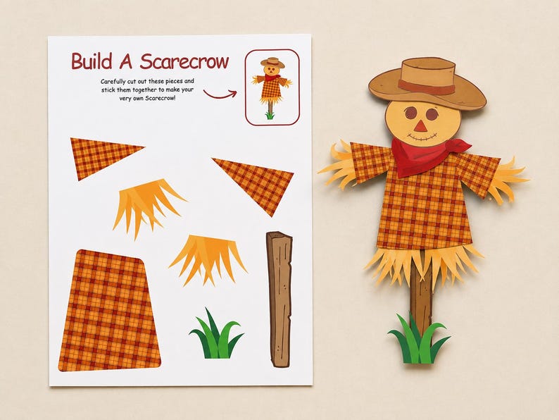 May include: A Build A Scarecrow paper craft activity sheet featuring cut-out pieces including a plaid shirt, straw accents, a wooden post, and green grass, alongside a fully assembled scarecrow figure wearing a brown hat and red scarf.