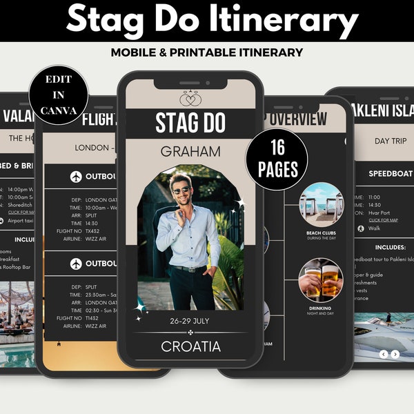 Stag Do Itinerary Template, Bachelor Party Planner Custom Editable Itinerary Packing List Personalizable Groom Party Plan Gift MOBILE TABLET