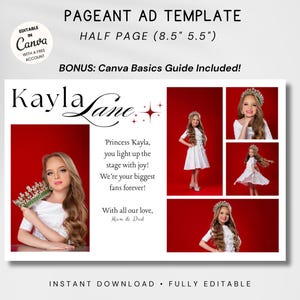 以下が含まれることがあります： 「Kayla Lane」のテキストと、王冠と白いドレスを着た少女の写真が掲載されたページェント広告テンプレート。広告には「プリンセス・ケイラ、あなたは喜びでステージを照らします！」というテキストが含まれており、完全に編集可能です。