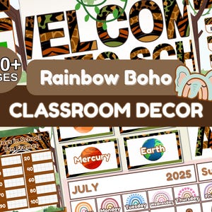 Safari Classroom Decor Bundle, Rainbow Boho Jungle Elementary Calm Classroom Decor, Meet the Teacher, Welcome Back to School Bulletin Board