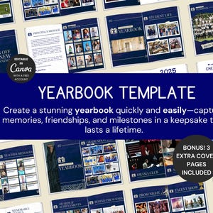 Puede incluir: Una plantilla de anuario con fondo azul marino y texto blanco. Las palabras "YEARBOOK TEMPLATE" se muestran de forma destacada. La plantilla incluye páginas para la vida estudiantil, mensajes de profesores y premios. Bono: 3 páginas de portada adicionales incluidas.