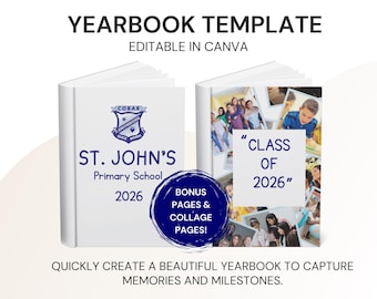Grundschul Jahrbuch Vorlage 2026 - Bearbeitbares Canva Design (71 Seiten) (Digitaler Download)