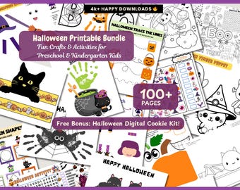 Halloween-aktivitetspaket att skriva ut, Halloween-pyssel för barn i åldrarna 3-8, handavtryckspyssel, Halloween-papperskrona för förskola, klassrumsaktiviteter
