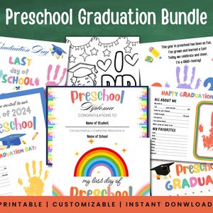 Paquete de graduación preescolar, invitación de graduación preescolar, diploma preescolar, letrero de último día preescolar, arte de huellas de manos preescolar, dibujos para colorear preescolar