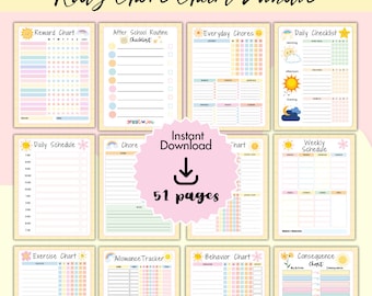 May include: A printable bundle of 51 chore charts for kids. The charts feature a variety of themes, including reward charts, daily checklists, and weekly schedules. The charts are designed with a bright and colorful aesthetic, featuring suns, rainbows, and stars.
