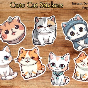 kawaai cat clipart stickers png bundle, printable stickers, kitty pet illustration, scrapbooking kids crafts, commercial use, cat lover gift