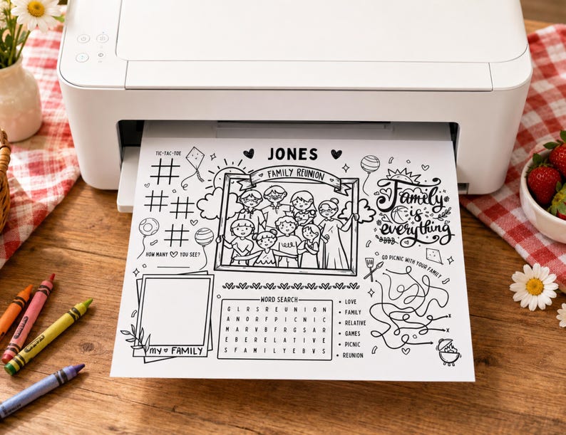 May include: A white printer outputting a black and white activity sheet titled Jones Family Reunion. The sheet features a central illustration of a family, a word search, a maze, a tic-tac-toe grid, and the text Family is everything.
