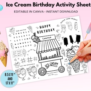 CUSTOM Ice Cream Birthday Party Activity Placemat, Printable Kids Craft DIY Party Game Customizable Canva Download, Coloring Page Craft Game